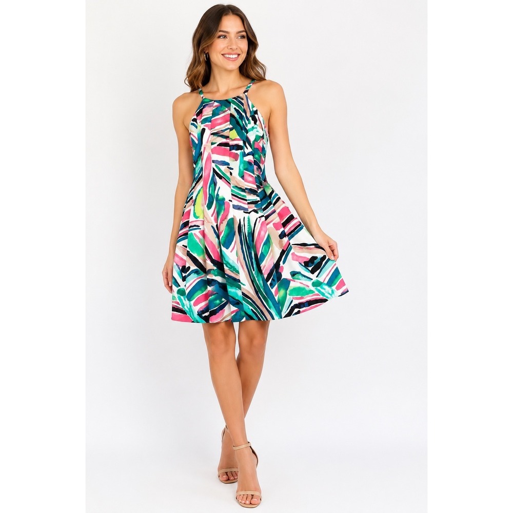 Vince Camuto Abstract Print Fit & Flare Dress‎ Pink Teal Sleeveless Size 2
